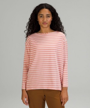Lululemon Back in Action Long Sleeve Kadın Üstler Çizgili Pembe Beyaz | JCAF-42057