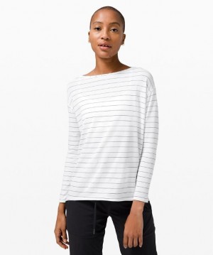 Lululemon Back in Action Long Sleeve Kadın Üstler Çizgili Beyaz Siyah | EGZS-27016