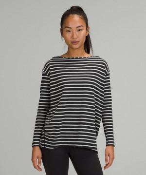 Lululemon Back in Action Long Sleeve Kadın Üstler Çizgili Siyah | EGFZ-27360