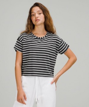 Lululemon Cates Tee Kadın Üstler Çizgili Koyu Gri Beyaz | XPJB-29605