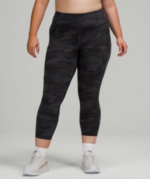 Lululemon Fast and Free HR Crop 23 Non-Reflective Kadın Tayt Camo Siyah Renkli | OUTX-71894
