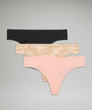 Lululemon InvisiWear Mid-Rise Thong Underwear 3 Pack Kadın İç Giyim Camo Kahverengi Renkli Pembe Beyaz Siyah | PLEF-25148