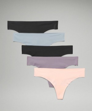Lululemon InvisiWear Mid-Rise Thong Underwear 5 Pack Kadın İç Giyim Siyah Siyah Lavanta Mavi Pembe Beyaz | BZGP-43501