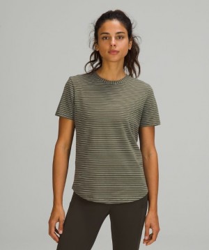 Lululemon Love Crew Short Sleeve T-Shirt Kadın Üstler Çizgili Zeytin Yeşili Beyaz | ODUV-61823