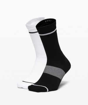 Lululemon Power Stride Crew Sock Stripe 2 Pack Accessories Çorap Siyah Beyaz | DQGY-72583