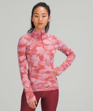 Lululemon Rulu Run 1/2 Zip Kadın Tişörtü Camo Pembe Gri Kahverengi | XBLU-98704
