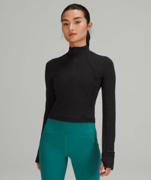 Lululemon Rulu Run Cropped Half-Zip Kadın Tişörtü Siyah | CVEB-96243