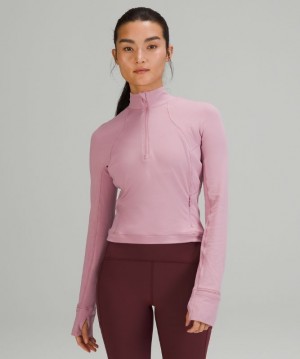 Lululemon Rulu Run Cropped Half-Zip Kadın Tişörtü Pembe Gri Kahverengi | AXEK-43086