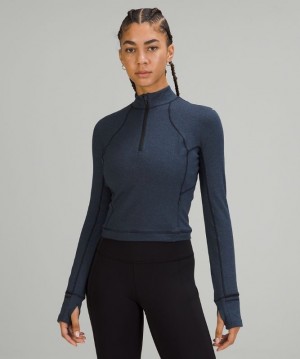 Lululemon Rulu Run Cropped Half-Zip Kadın Tişörtü Lacivert Siyah | ADIX-40325
