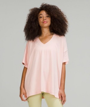 Lululemon Side Tie V-Neck T-Shirt Kadın Üstler Pembe Beyaz | AUDY-73910