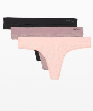 Lululemon Soft Breathable Thong 3 Pack Kadın İç Giyim Mor Siyah | FQDW-70345
