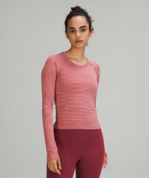 Lululemon Swiftly Tech LS 2.0 Race Kadın Üstler Çizgili Pembe Pembe Beyaz Bordo Kırmızı | XNMJ-30648