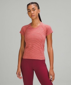 Lululemon Swiftly Tech SS 2.0 Race Kadın Üstler Çizgili Pembe Pembe Beyaz Bordo Kırmızı | QMKB-08631