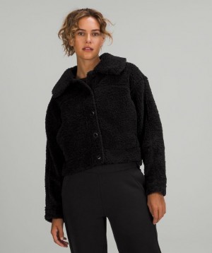 Lululemon Textured Fleece Button Jacket Kadın Mont Siyah | MPRY-92107