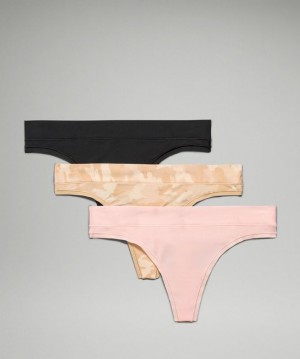 Lululemon UnderEase Mid Rise Thong Underwear 3 Pack Kadın İç Giyim Camo Kahverengi Renkli Pembe Beyaz Siyah | XOUD-17364