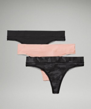 Lululemon UnderEase Thong 3 Pack Kadın İç Giyim Camo Siyah Renkli Pembe Beyaz Siyah | XDBO-27805