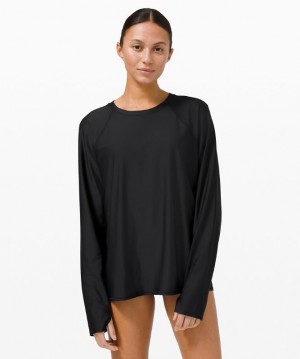 Lululemon Waterside Relaxed UVP Long-Sleeve Kadın Mayo Siyah | DJFU-07642